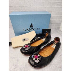 Lanvin Ballet Flats Black Leather Ballerina Flats Shoes Jeweled Beaded 40